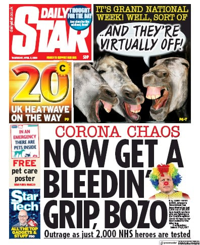 Daily Star Newspaper Front Page (UK) for 2 April 2020