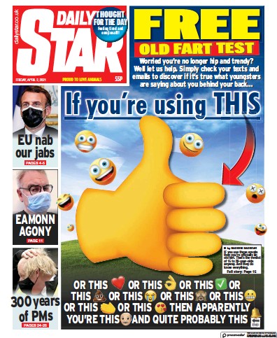 Daily Star Newspaper Front Page (UK) for 2 April 2021