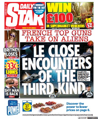 Daily Star Newspaper Front Page (UK) for 2 July 2021