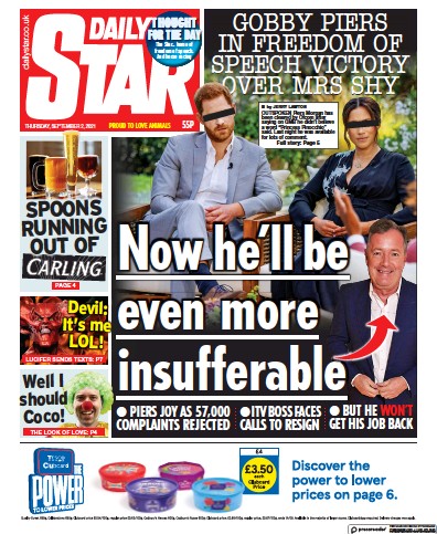 Daily Star Newspaper Front Page (UK) for 2 September 2021