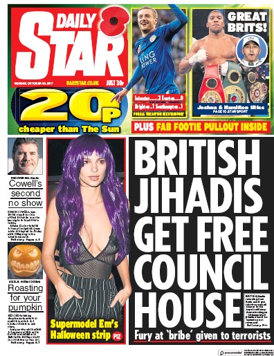 Daily Star Newspaper Front Page (UK) for 30 October 2017