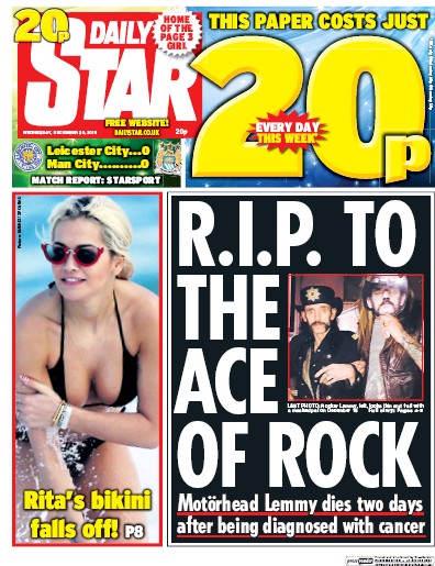 Daily Star Newspaper Front Page (UK) for 30 December 2015