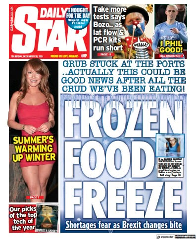 Daily Star Newspaper Front Page (UK) for 30 December 2021