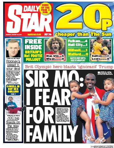 Daily Star Newspaper Front Page (UK) for 30 January 2017