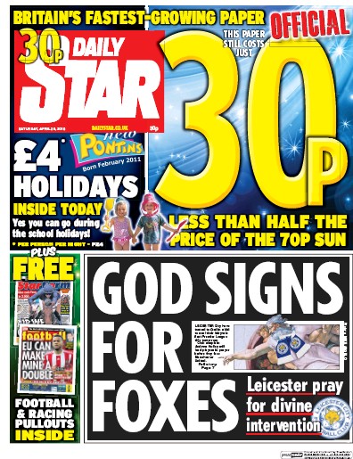 Daily Star Newspaper Front Page (UK) for 30 April 2016