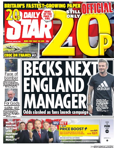Daily Star Newspaper Front Page (UK) for 30 June 2016