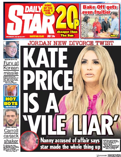 Daily Star Newspaper Front Page (UK) for 30 August 2017