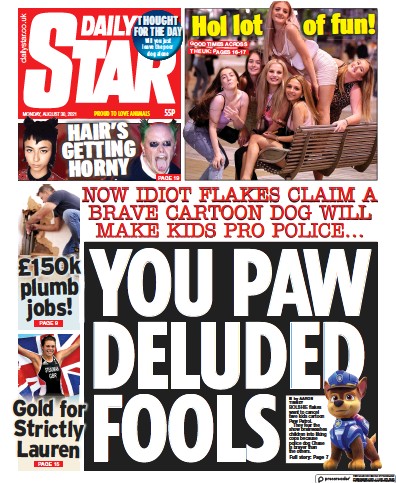 Daily Star Newspaper Front Page (UK) for 30 August 2021