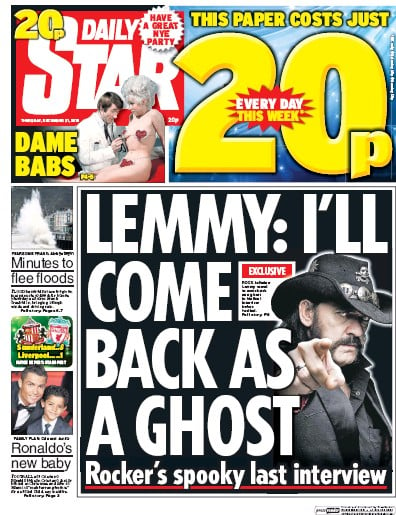 Daily Star Newspaper Front Page (UK) for 31 December 2015