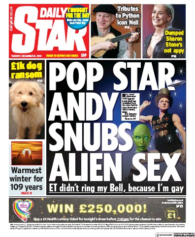 Daily Star Newspaper Front Page (UK) for 31 December 2019