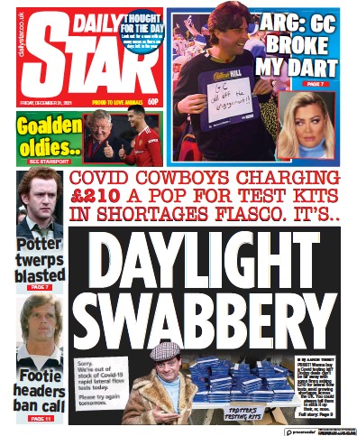 Daily Star Newspaper Front Page (UK) for 31 December 2021