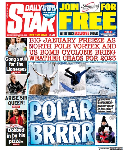 Daily Star Newspaper Front Page (UK) for 31 December 2022
