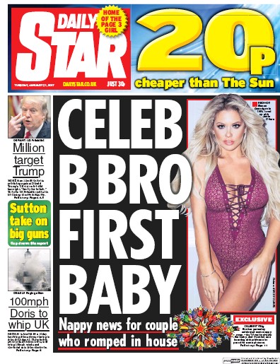 Daily Star Newspaper Front Page (UK) for 31 January 2017