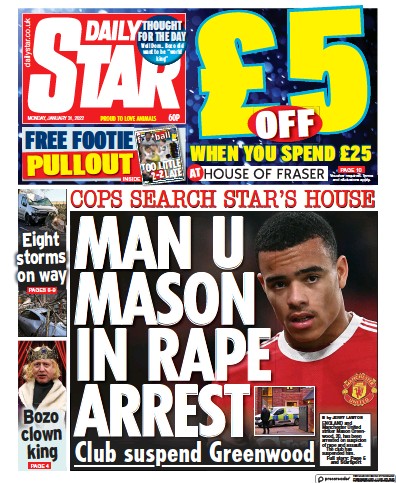 Daily Star Newspaper Front Page (UK) for 31 January 2022