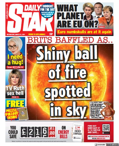 Daily Star Newspaper Front Page (UK) for 31 March 2021