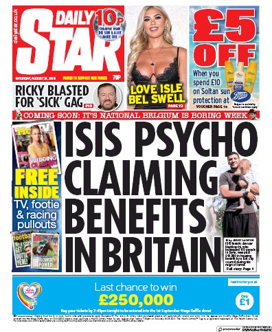Daily Star Newspaper Front Page (UK) for 31 August 2019