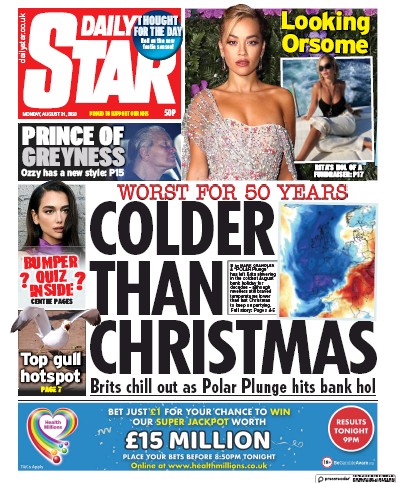 Daily Star Newspaper Front Page (UK) for 31 August 2020