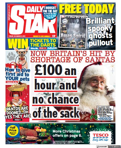 Daily Star Newspaper Front Page (UK) for 3 December 2021