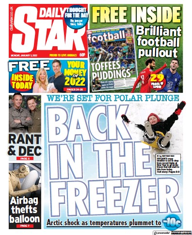 Daily Star Newspaper Front Page (UK) for 3 January 2022