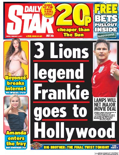 Daily Star Newspaper Front Page (UK) for 3 February 2017