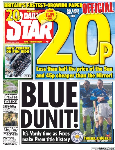 Daily Star Newspaper Front Page (UK) for 3 May 2016