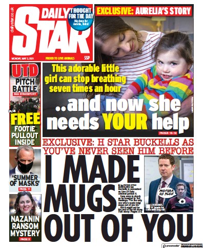 Daily Star Newspaper Front Page (UK) for 3 May 2021