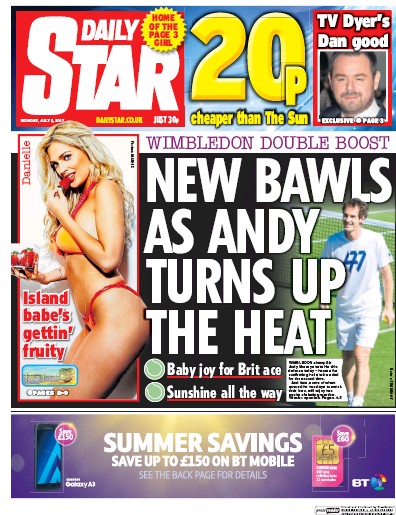 Daily Star Newspaper Front Page (UK) for 3 July 2017