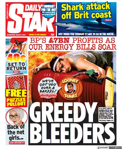 Daily Star Newspaper Front Page (UK) for 3 August 2022