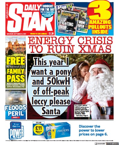 Daily Star Newspaper Front Page (UK) for 3 September 2022