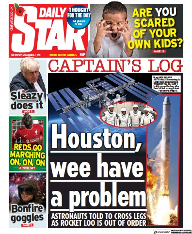 Daily Star Newspaper Front Page (UK) for 4 November 2021