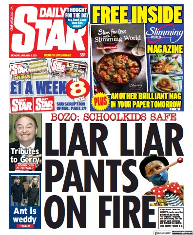 Daily Star Newspaper Front Page (UK) for 4 January 2021