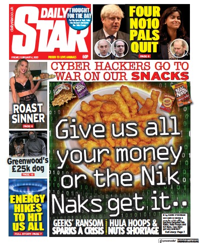 Daily Star Newspaper Front Page (UK) for 4 February 2022