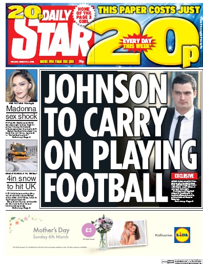 Daily Star Newspaper Front Page (UK) for 4 March 2016
