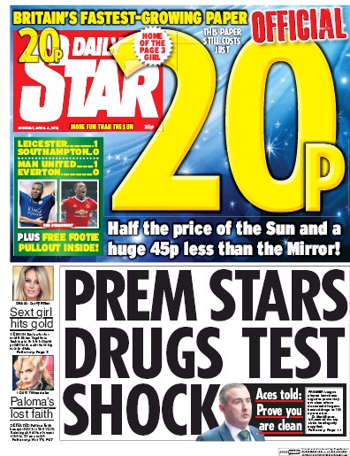 Daily Star Newspaper Front Page (UK) for 4 April 2016