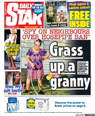 Daily Star Newspaper Front Page (UK) for 4 August 2022