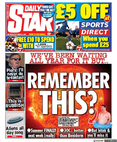 Daily Star Newspaper Front Page (UK) for 4 September 2021