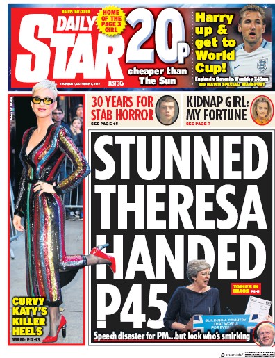 Daily Star Newspaper Front Page (UK) for 5 October 2017