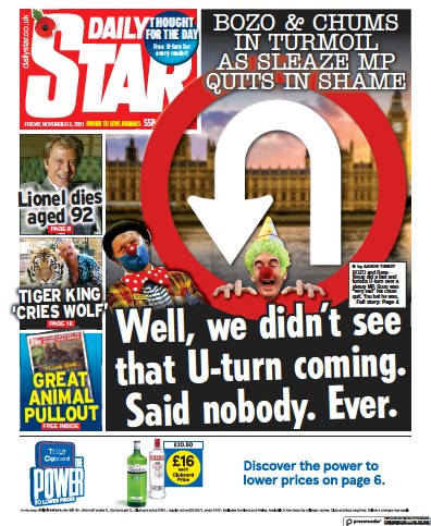 Daily Star Newspaper Front Page (UK) for 5 November 2021