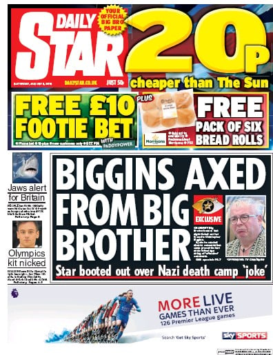Daily Star Newspaper Front Page (UK) for 6 August 2016