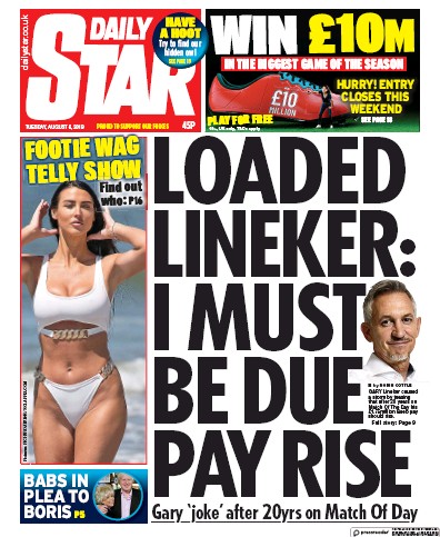 Daily Star Newspaper Front Page (UK) for 6 August 2019
