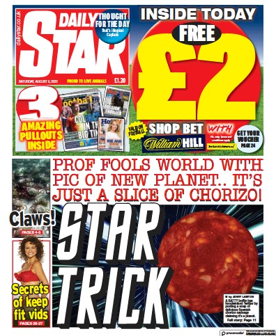 Daily Star Newspaper Front Page (UK) for 6 August 2022