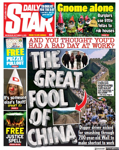 Daily Star Newspaper Front Page (UK) for 6 September 2023