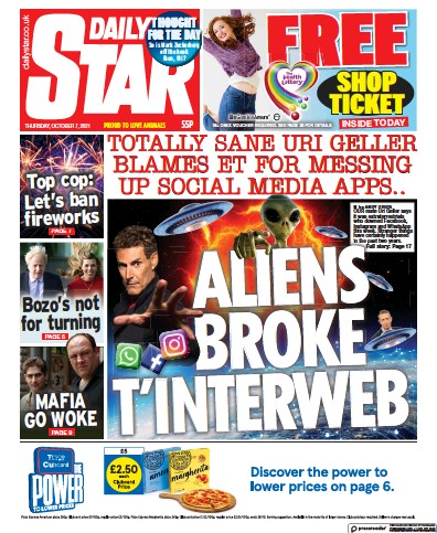 Daily Star Newspaper Front Page (UK) for 7 October 2021