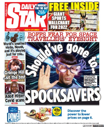 Daily Star Newspaper Front Page (UK) for 7 January 2022