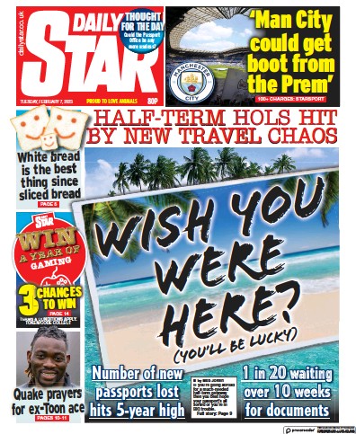Daily Star Newspaper Front Page (UK) for 7 February 2023