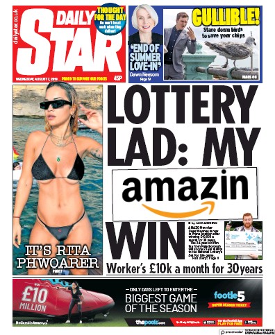Daily Star Newspaper Front Page (UK) for 7 August 2019