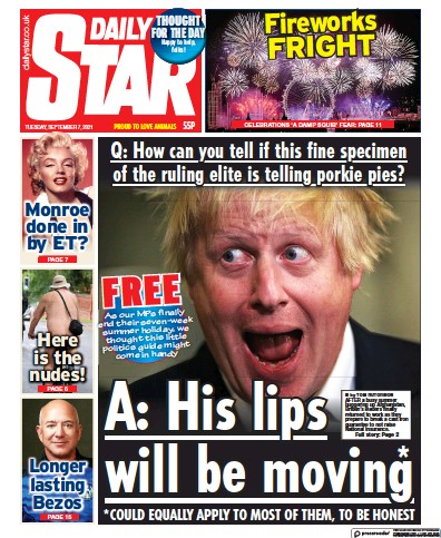 Daily Star Newspaper Front Page (UK) for 7 September 2021