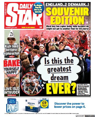 Daily Star Newspaper Front Page (UK) for 8 July 2021