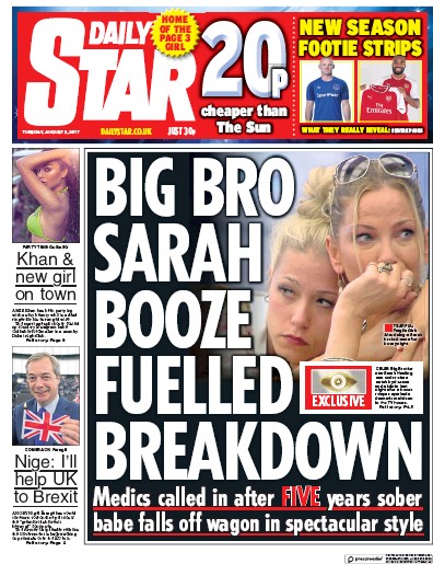 Daily Star Newspaper Front Page (UK) for 8 August 2017
