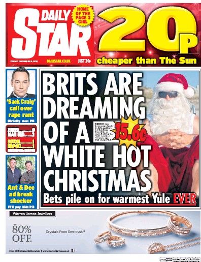 Daily Star Newspaper Front Page (UK) for 9 December 2016